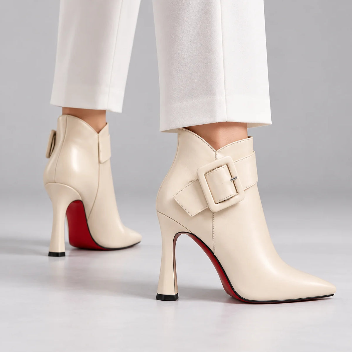 Samantha Statement Buckle Ankle Boots in Ivory