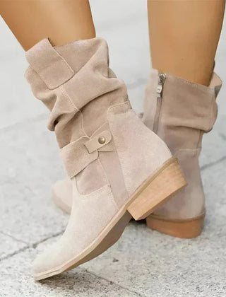 Savannah Slouchy Buckle Ankle Boots in Beige