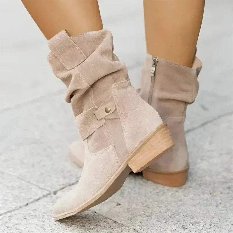Savannah Slouchy Buckle Ankle Boots in Beige