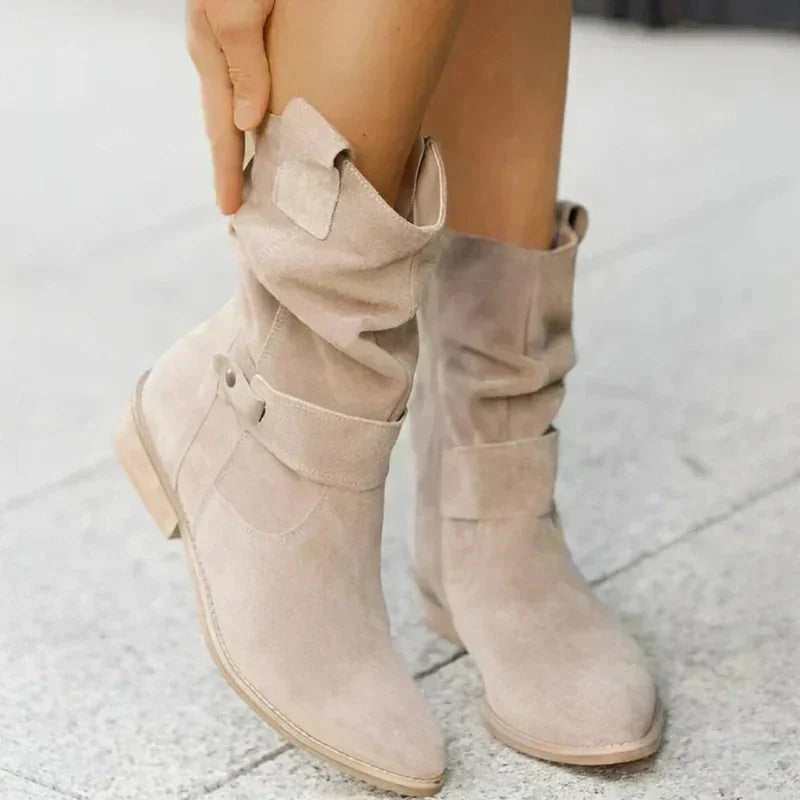 Savannah Slouchy Buckle Ankle Boots in Beige
