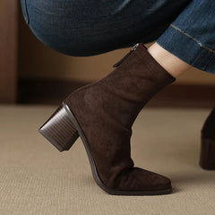 Serena Sock Fit Block Heel Ankle Boots in Brown