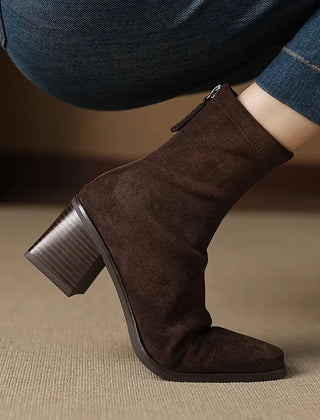 Serena Sock Fit Block Heel Ankle Boots in Brown