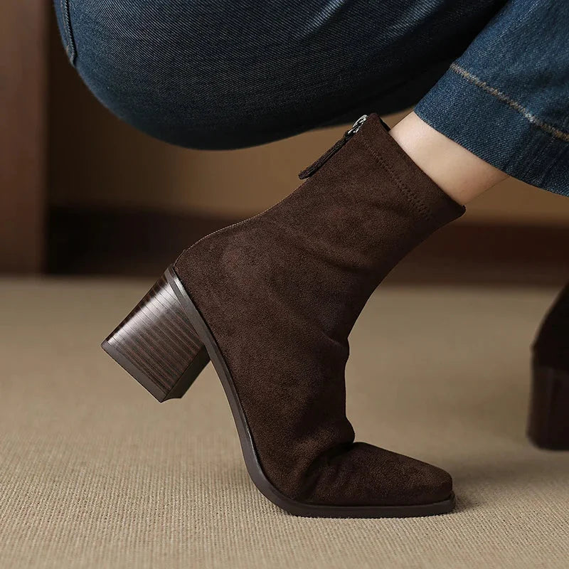Serena Sock Fit Block Heel Ankle Boots in Brown