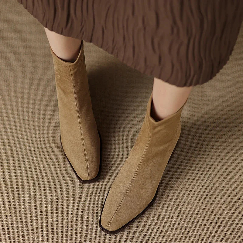 Serena Sock Fit Block Heel Ankle Boots in Camel