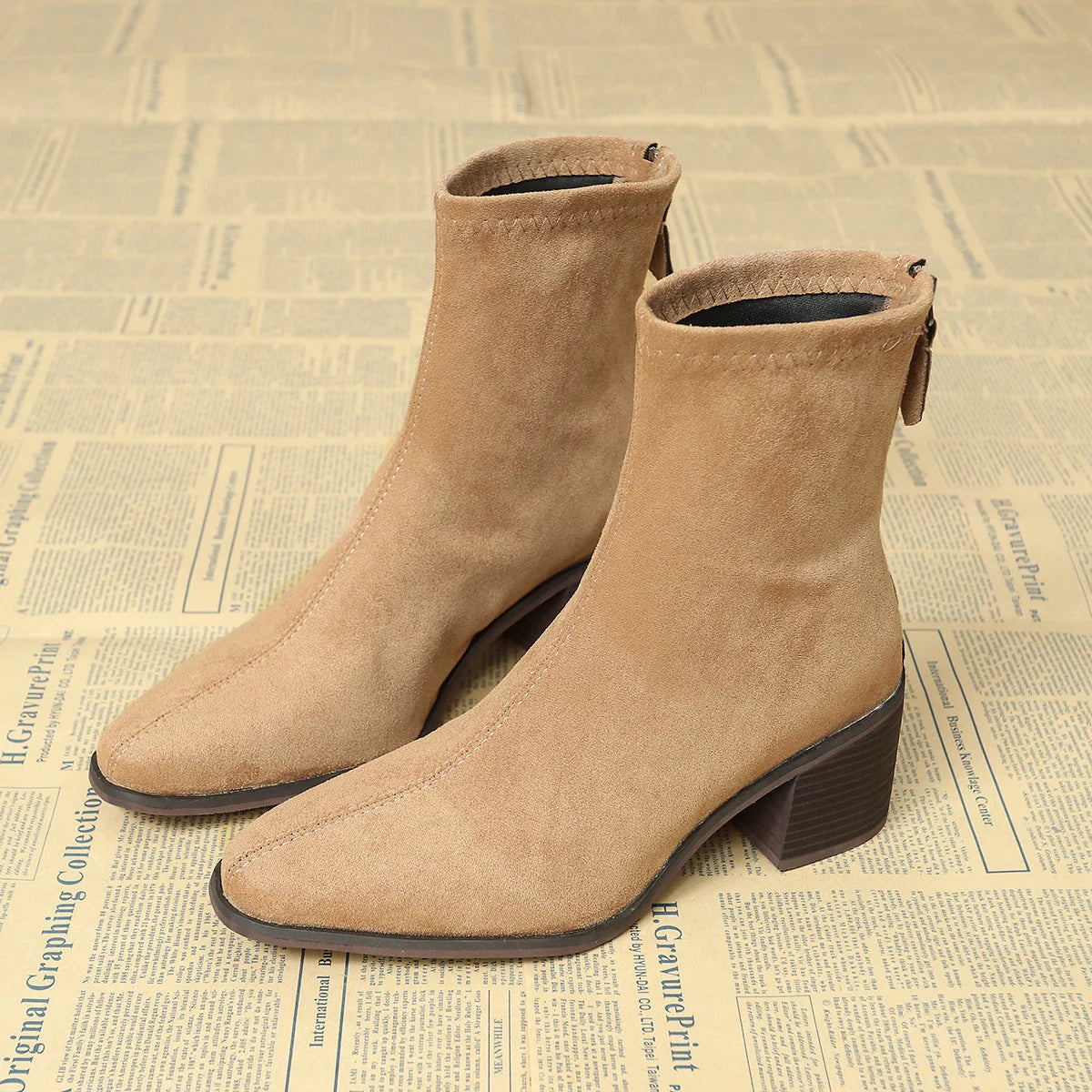 Serena Sock Fit Block Heel Ankle Boots in Camel