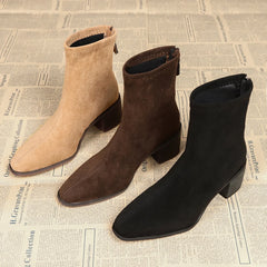 Serena Sock Fit Block Heel Ankle Boots in Brown