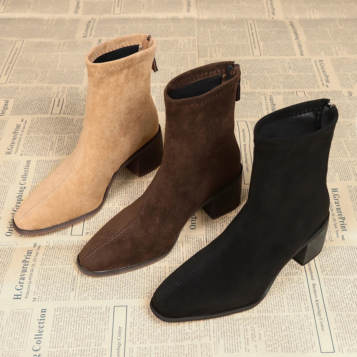 Serena Sock Fit Block Heel Ankle Boots in Brown
