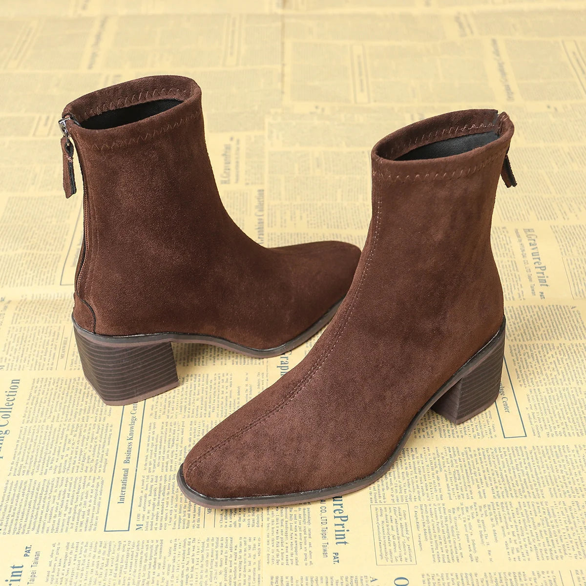 Serena Sock Fit Block Heel Ankle Boots in Brown