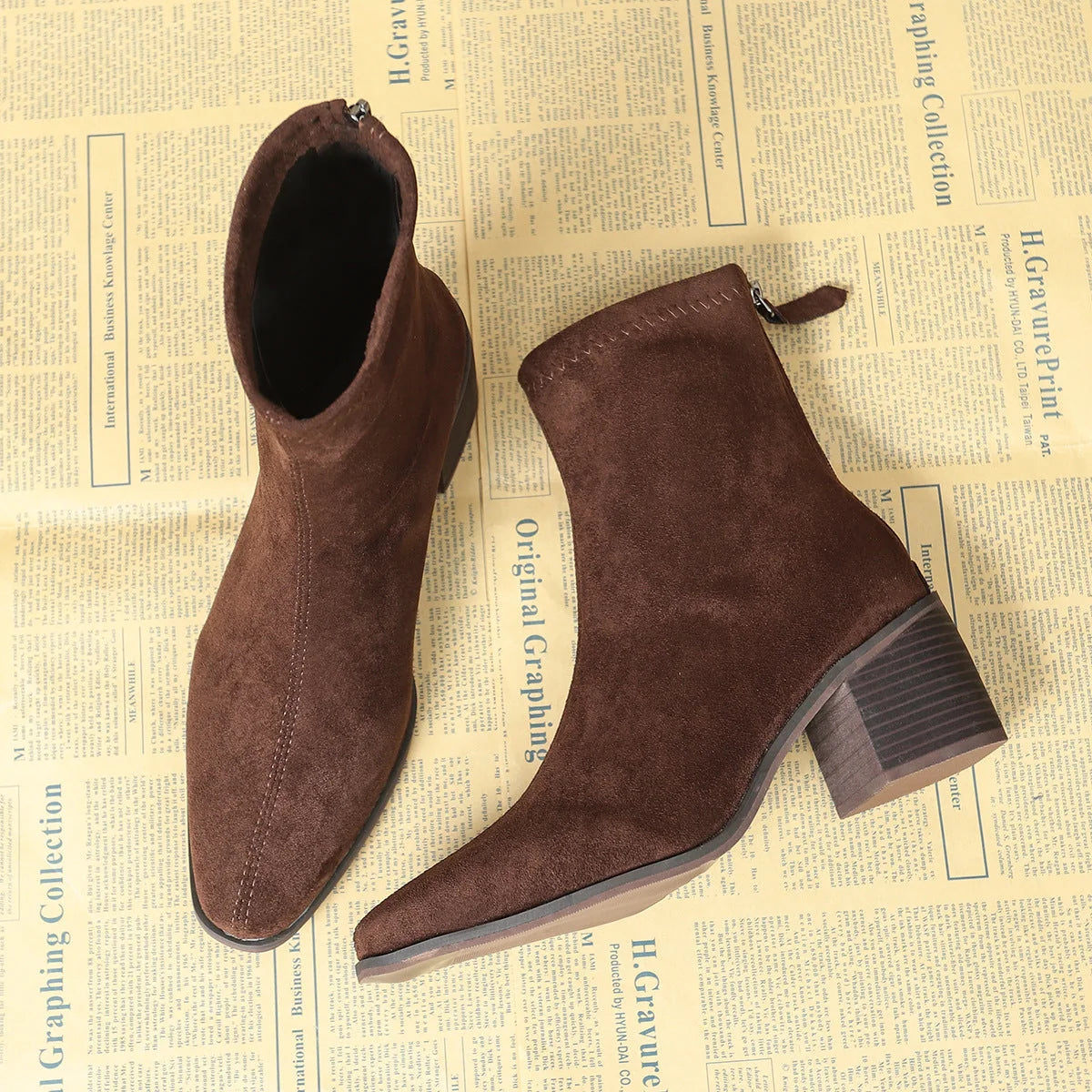 Serena Sock Fit Block Heel Ankle Boots in Brown