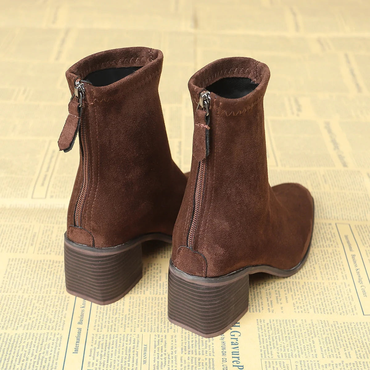Serena Sock Fit Block Heel Ankle Boots in Brown
