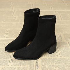 Serena Sock Fit Block Heel Ankle Boots in Black