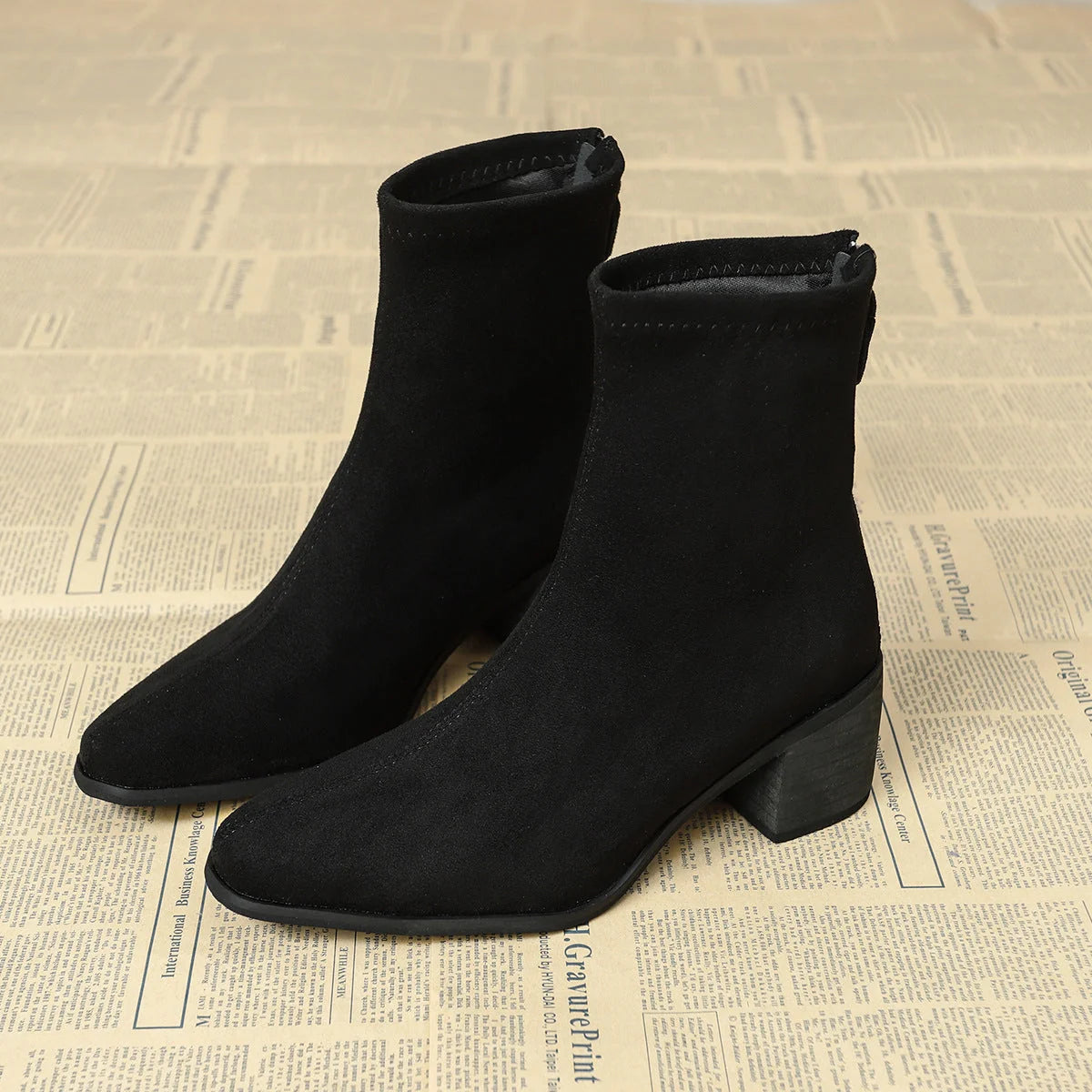 Serena Sock Fit Block Heel Ankle Boots in Black