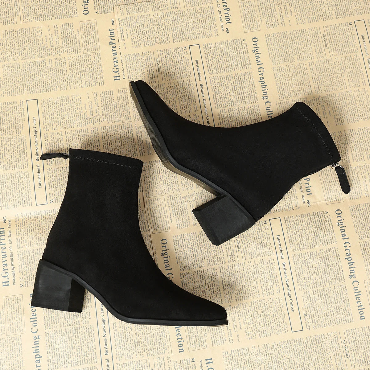 Serena Sock Fit Block Heel Ankle Boots in Black