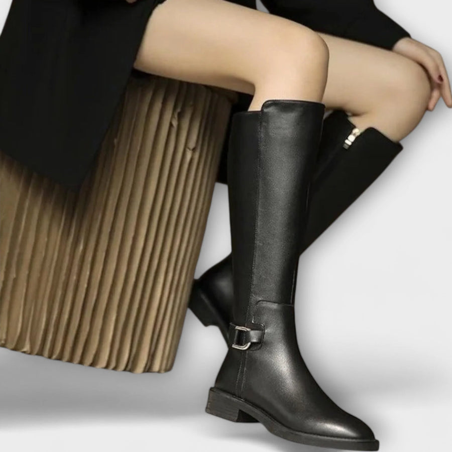 Sharon Buckle Strap Knee-High Boots in Black