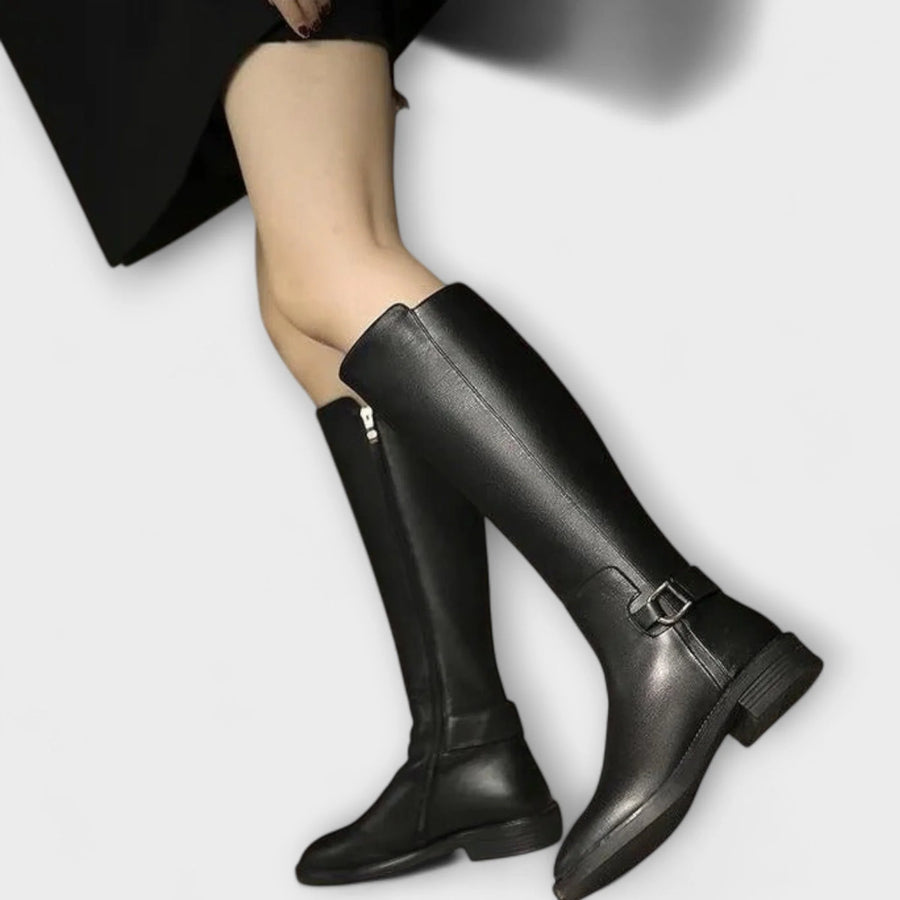 Sharon Buckle Strap Knee-High Boots in Black