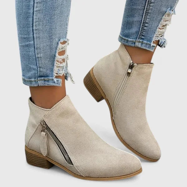 Simone Diagonal Zip Ankle Boots in Beige