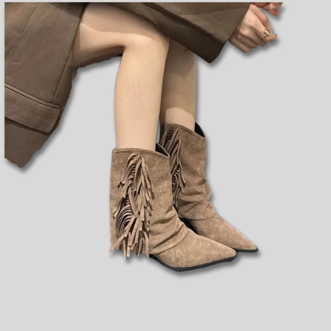 Sofia Fringe Pointed Toe Western Boots in Brown