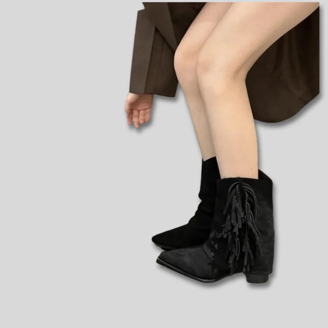 Sofia Fringe Pointed Toe Western Boots in Black