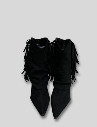 Sofia Fringe Pointed Toe Western Boots in Black
