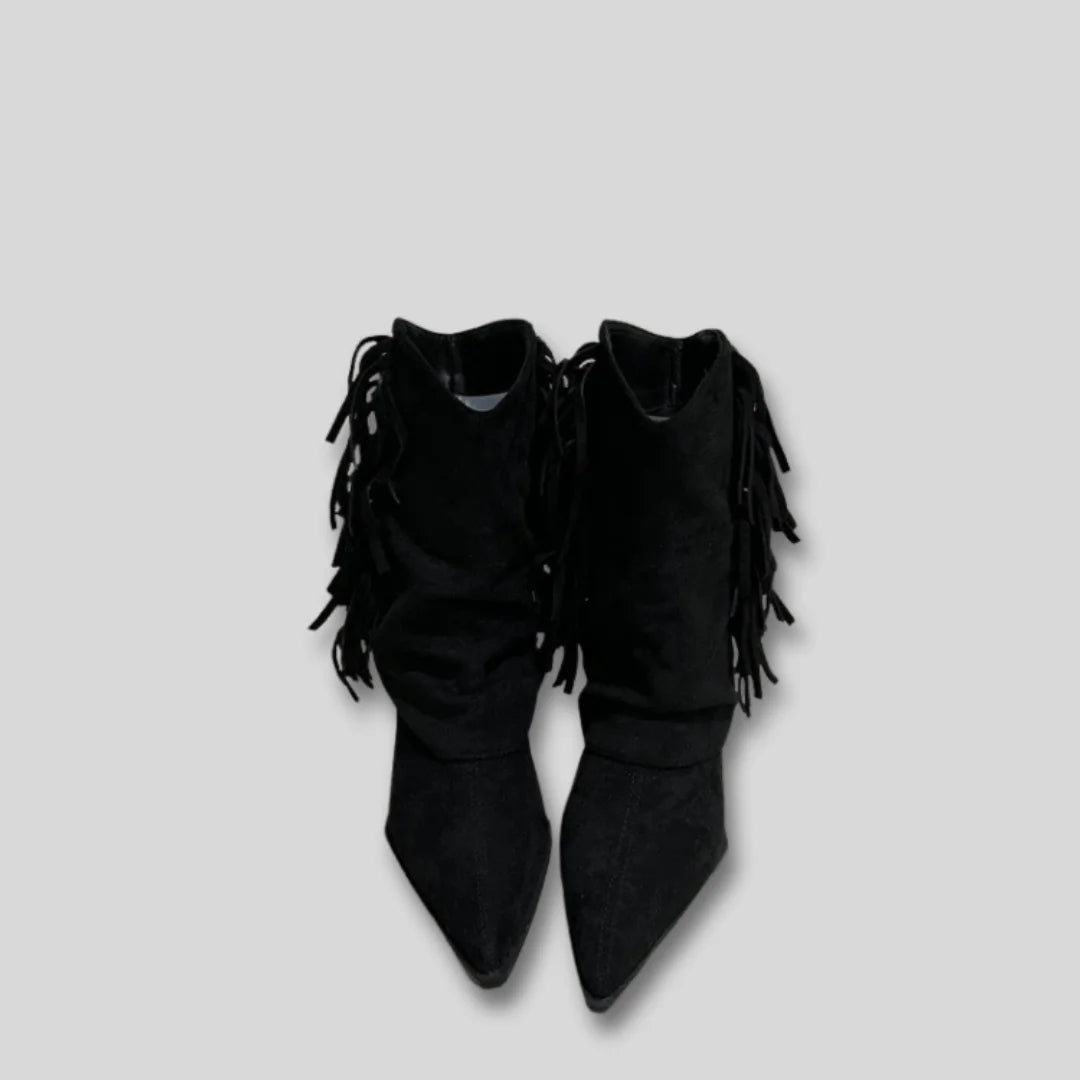Sofia Fringe Pointed Toe Western Boots in Black