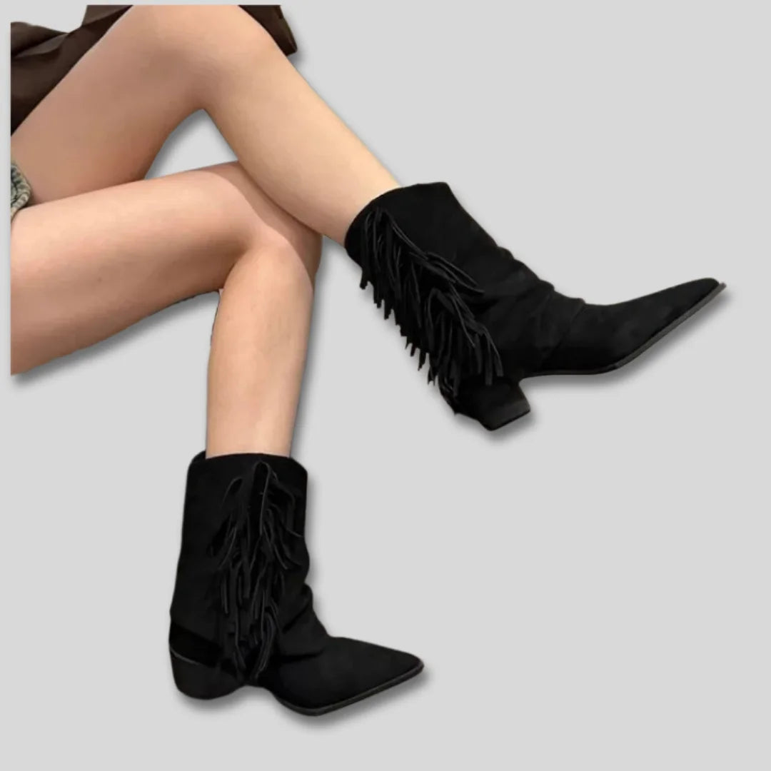Sofia Fringe Pointed Toe Western Boots in Black