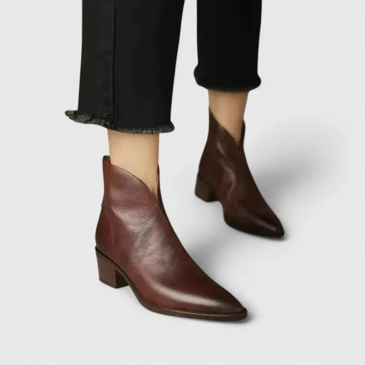 Sophie V-Cut Pointed Ankle Boots in Dark Brown