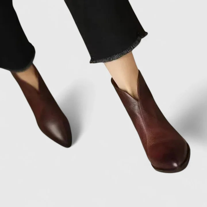 Sophie V-Cut Pointed Ankle Boots in Dark Brown