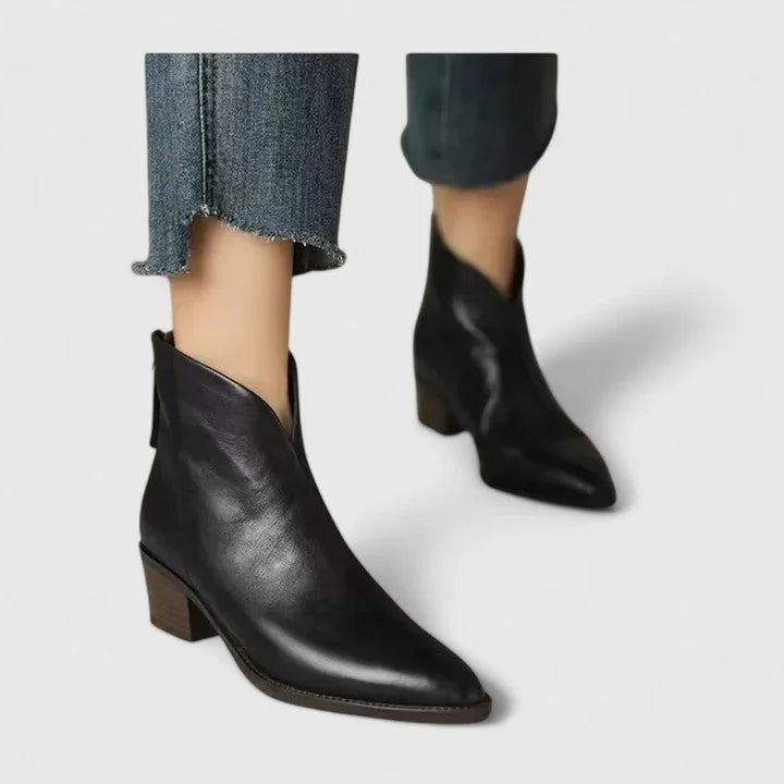 Sophie V-Cut Pointed Ankle Boots in Black