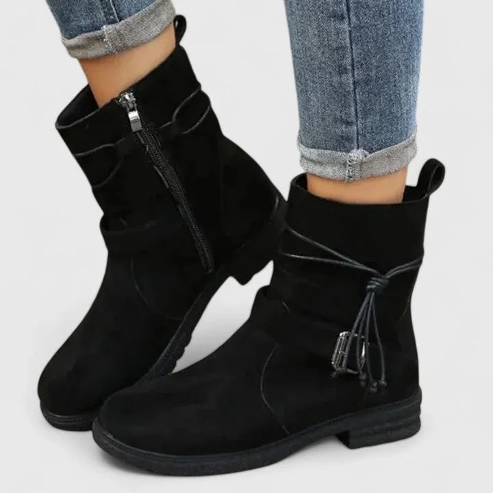 Stacy Tie and Buckle Ankle Boots in Black