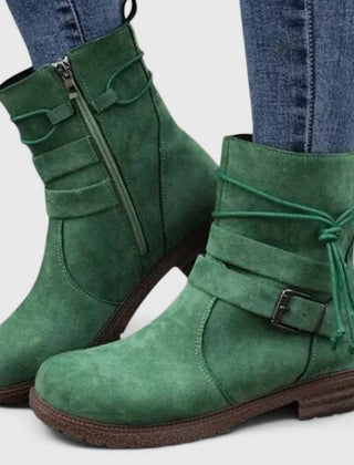 Stacy Tie and Buckle Ankle Boots in Green
