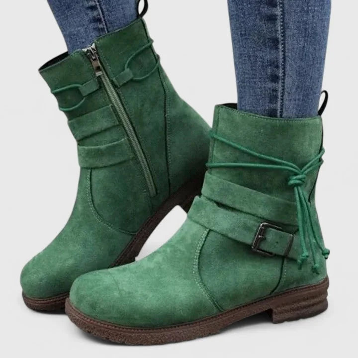 Stacy Tie and Buckle Ankle Boots in Green