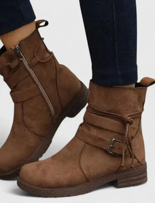 Stacy Tie and Buckle Ankle Boots in Brown