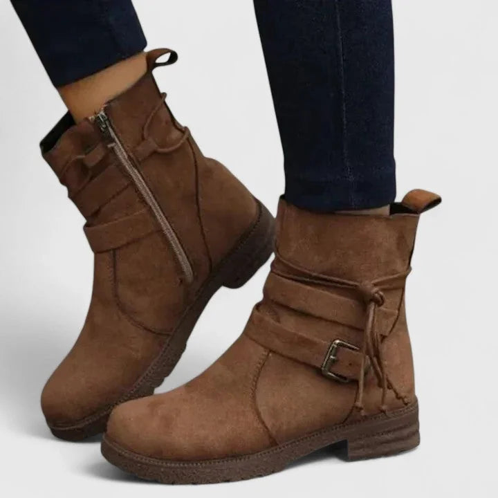Stacy Tie and Buckle Ankle Boots in Brown