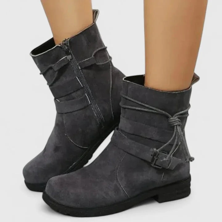 Stacy Tie and Buckle Ankle Boots in Grey
