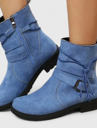 Stacy Tie and Buckle Ankle Boots in Blue