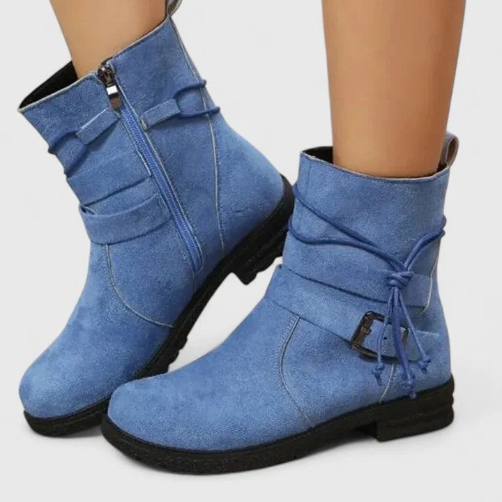 Stacy Tie and Buckle Ankle Boots in Blue