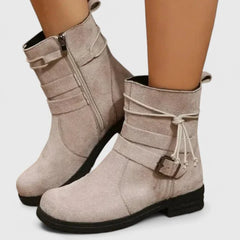 Stacy Tie and Buckle Ankle Boots in Beige