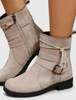 Stacy Tie and Buckle Ankle Boots in Beige