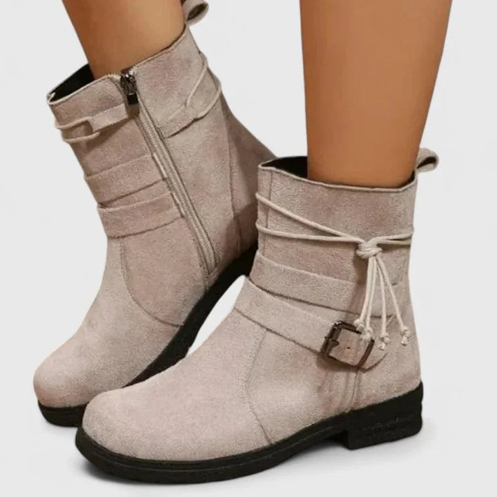 Stacy Tie and Buckle Ankle Boots in Beige