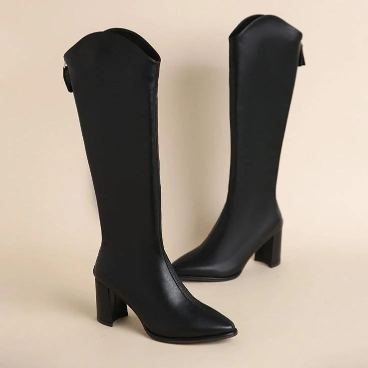 Stella Block Heel Knee-High Boots in Black