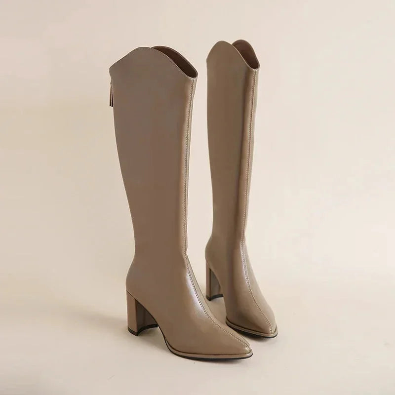 Stella Block Heel Knee-High Boots in Taupe
