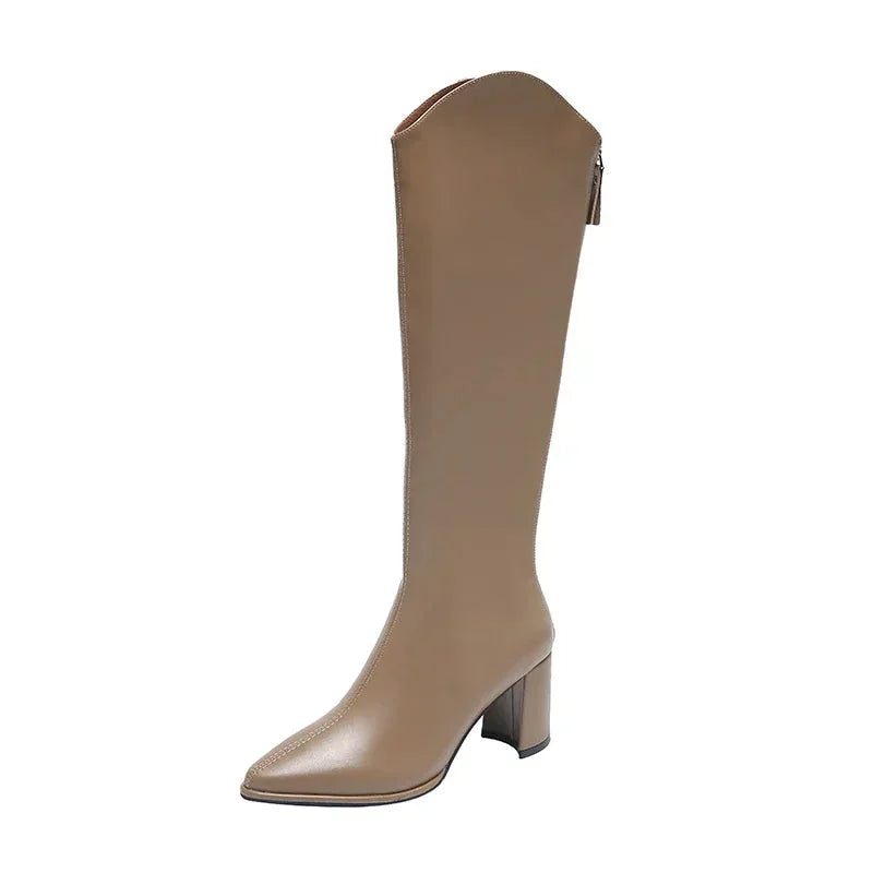 Stella Block Heel Knee-High Boots in Taupe
