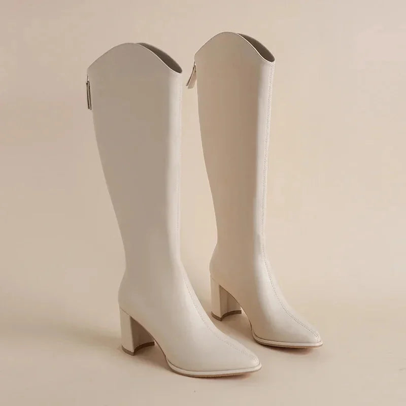 Stella Block Heel Knee-High Boots in Ivory