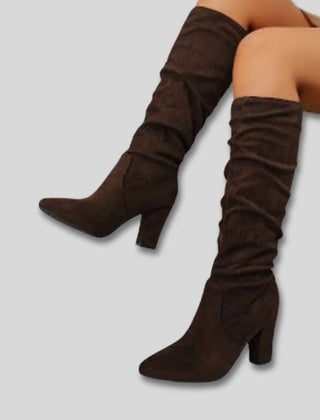 Stephanie Ruched Block Heel Knee-High Boots in Dark Brown