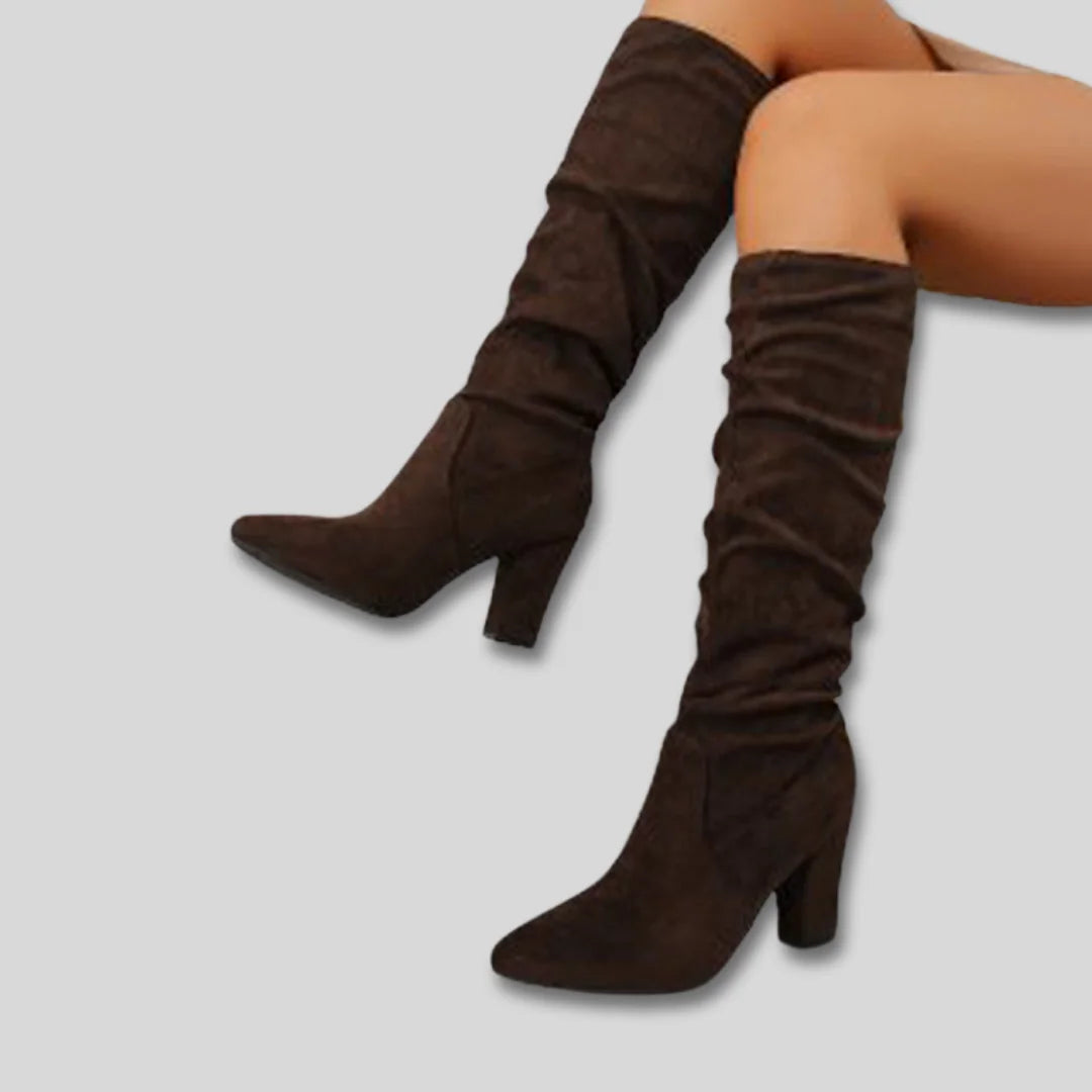 Stephanie Ruched Block Heel Knee-High Boots in Dark Brown