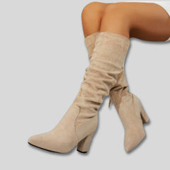 Stephanie Ruched Block Heel Knee-High Boots in Beige