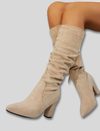 Stephanie Ruched Block Heel Knee-High Boots in Beige