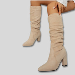 Stephanie Ruched Block Heel Knee-High Boots in Beige
