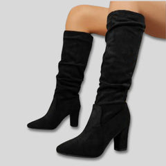 Stephanie Ruched Block Heel Knee-High Boots in Black