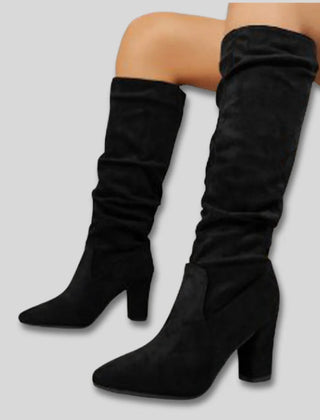 Stephanie Ruched Block Heel Knee-High Boots in Black